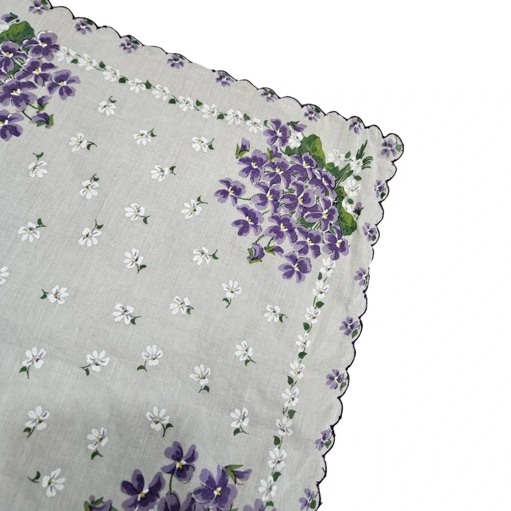 Vintage‎ Floral Handkerchief Purple Violets White Flowers Scalloped Edge Sheer